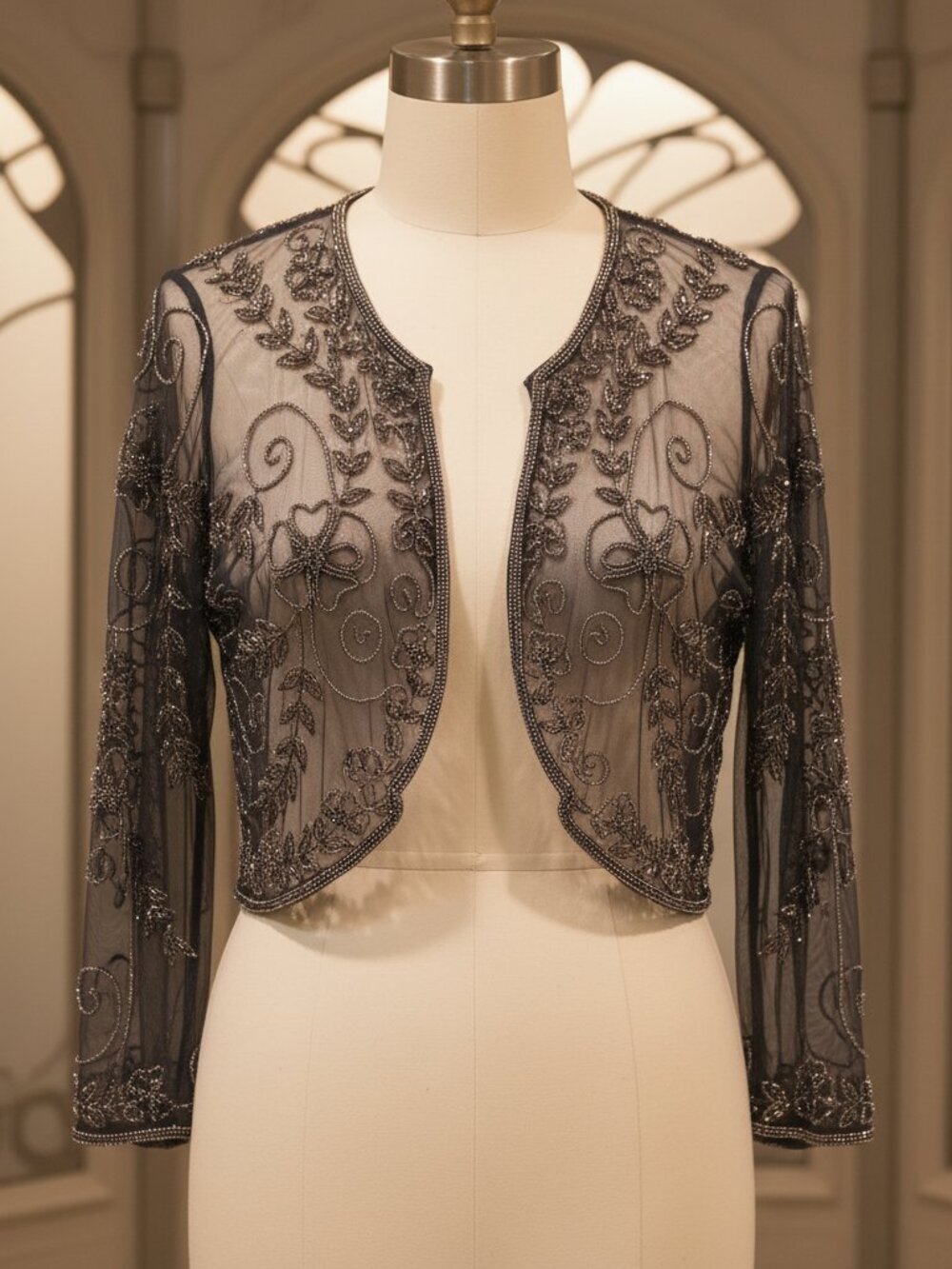 Pisarro Nights Beaded Art Nouveau Mesh Bolero Gray NWT 4 Flawed
